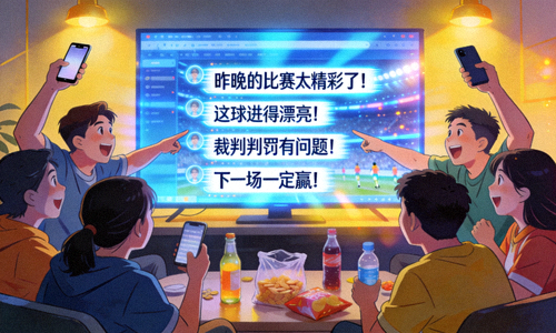 球迷们在社区论坛热烈讨论比赛，屏幕上显示互动弹幕
